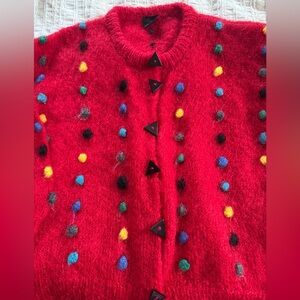 Gorgeous Unique 80s/90s Red Fuzzy Mohair Pom-Pom Cardigan Mod Triangle Buttons